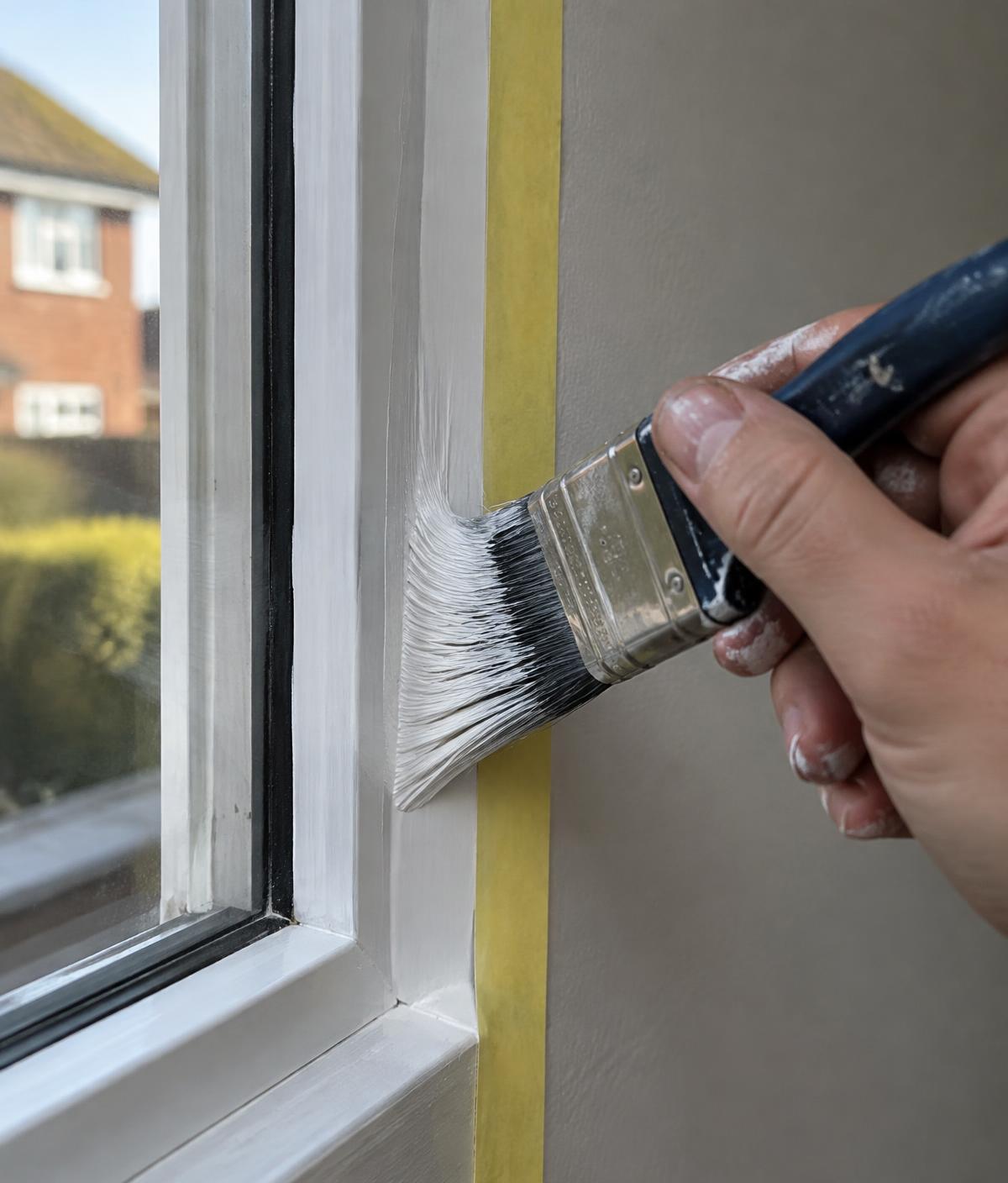 A paintbrush cutting in a clean line of white paint along a window frame
