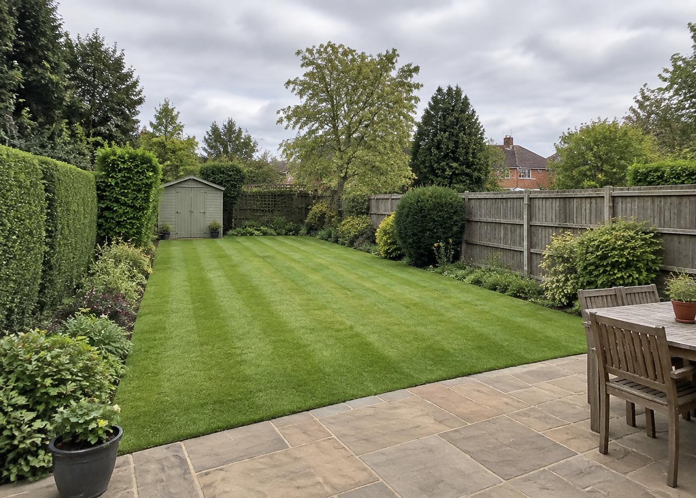 A tidy back garden with a freshly mown striped lawn, trimmed hedges and a stone patio