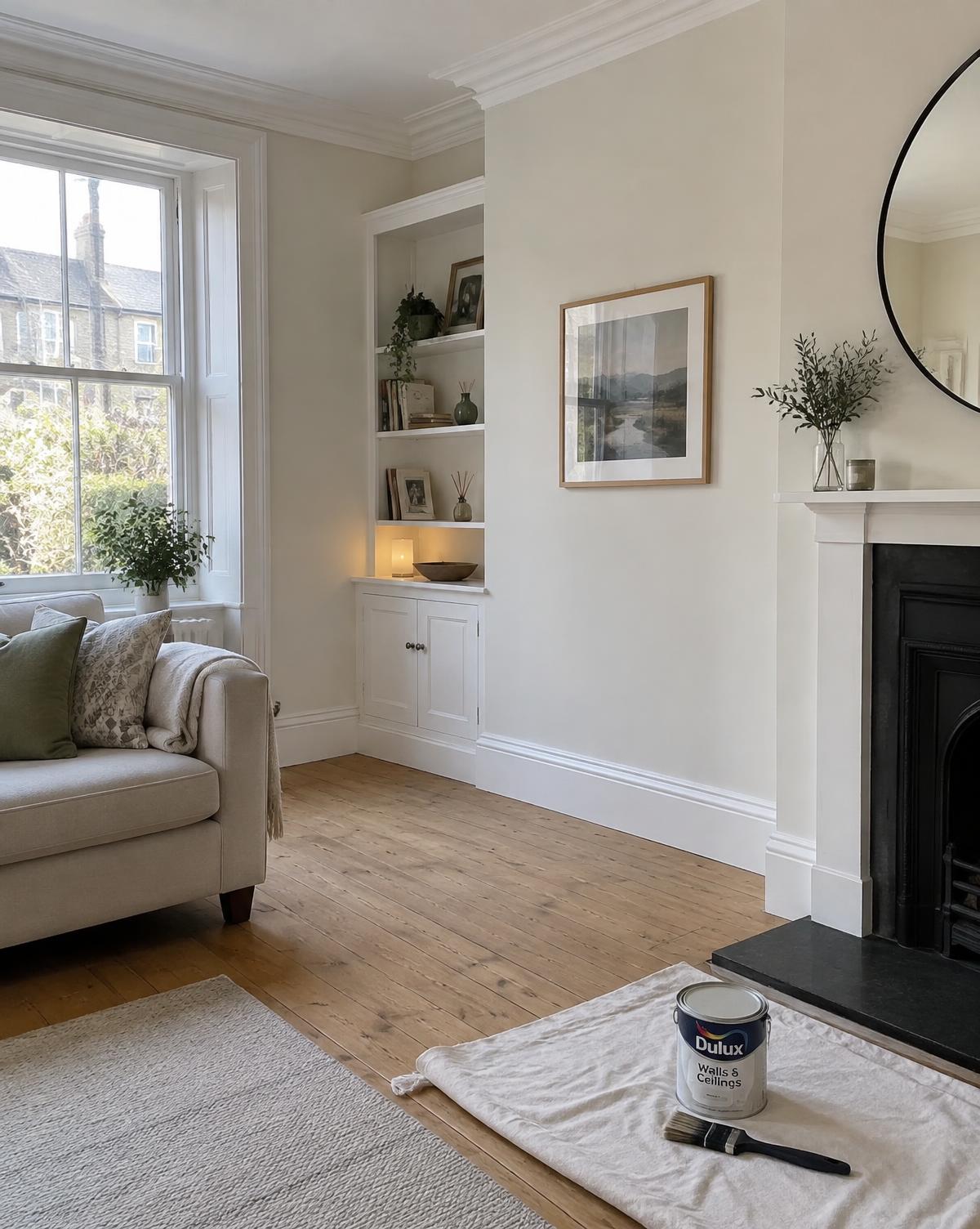 A freshly decorated living room with off-white walls, white skirting and a dust sheet on the floor