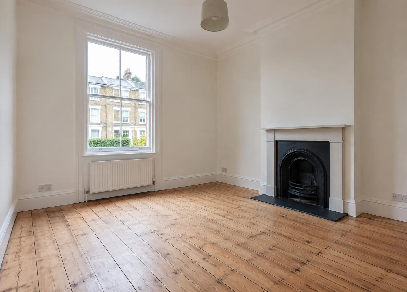 An empty freshly decorated room with sanded floorboards and a clean sash window