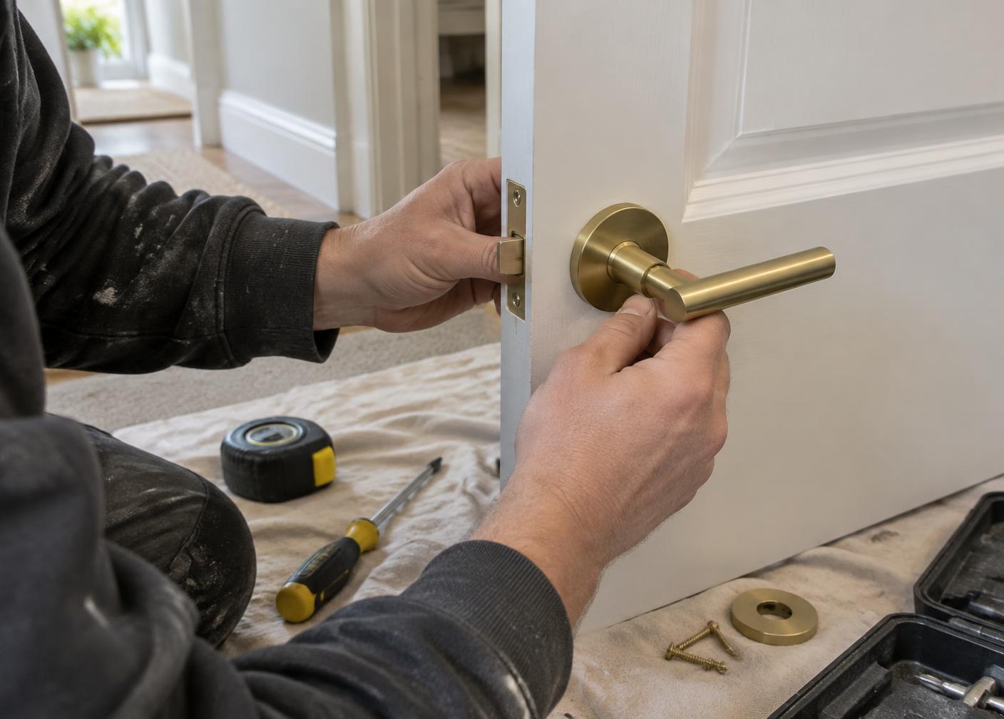 A tradesperson fitting a new brass handle to a white painted interior door